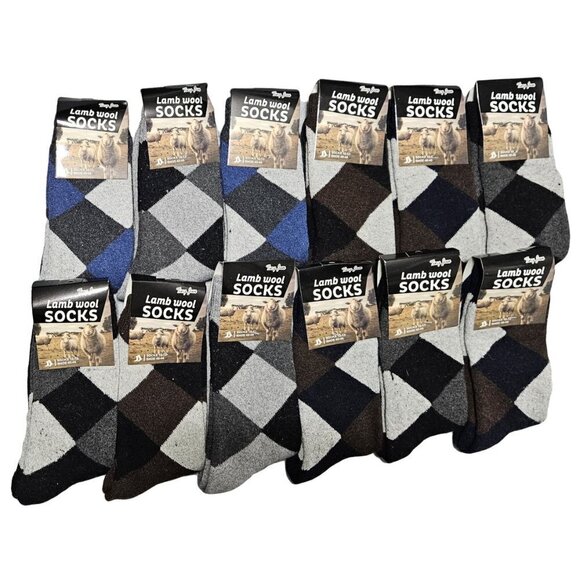 Men Winter Wool Socks Lamb Wool Warm Crew Socks Argyle Print 10-13 12-PACK, NWT - Picture 1 of 4